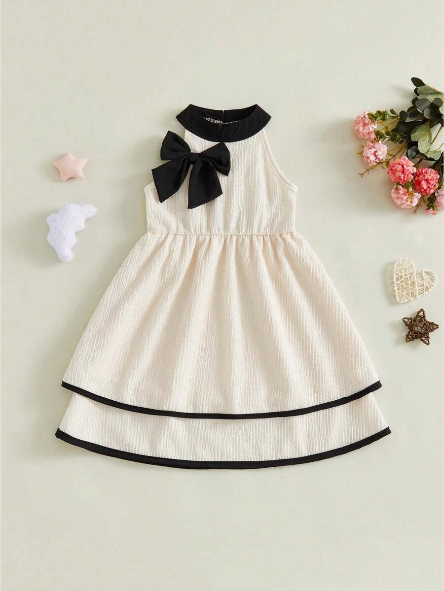 Girl's Bow Flowy Summer Dresses Cute Halter Neck Sleeveless A Line Homecoming Formal Princess Party Dress - 杏色 - 查看 1
