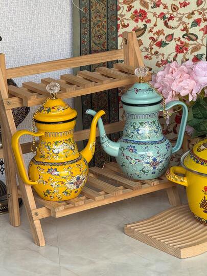 1PC Yellow And Green Teapot With A Filter, Suitable For Home Table Decoration, Home Kitchen Use For Brewing Tea And Boiling Water, Can Be Used On Fireplaces And Gas Stoves, Portable Arabic Tea Set For Outdoor Camping, And Makes A Great Gift For Friends And Family.