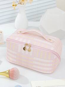 1 PC Pink Striped And Plaid Patchwork High-End Make Up Bag,Fashionable And Casual Large Capacity Portable Zipper Makeup Bags,Travel And Vacation Essentials Cosmetic Bags For Sanitary Napkins,Pouch Pads,Wired Earphones,Headphones - 淺粉色 - 查看 11