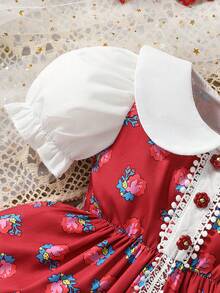H HIBOBI 1pc Infant Girls' Ramadan Dress - Red Rose Print, White Peter Pan Collar, Puff Sleeves With Elastic Ruffle Cuffs, Lace Pom Pom Front With Rose Buttons, Layered Ruffle Hem, Suitable For 1-18 Months