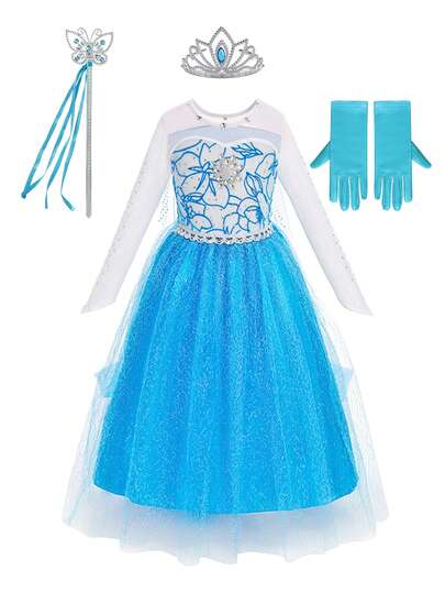 5pcs/Set Girls Blue Mesh Long Sleeve Dress, Crown, Magic Wand, Gloves Accessories Costume Set, Children Role Play Outfit For Party, Christmas, Halloween, Stage Performance