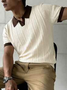 GRDR Męski sweter letni z okrągłym dekoltem i krótkim rękawem w jednolitym kolorze, odpowiedni na letnie wyjścia, niezbędny do modnych stylizacji - Morela - Zobacz 4