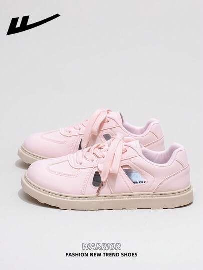  1 Pair WARRIOR Women's Thick Sole Lace-Up Soft Bottom Casual Shoes, Low-Top Outdoor Flat Shoes, Round Toe Low Heel Non-Slip Solid Color Elegant Soft Bottom Hiking Shoes, Suitable For Students, Graduation Photos, Flat Shoes, Women Leather Skate Sneakers