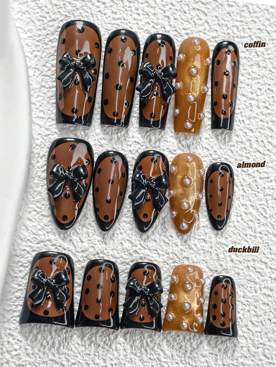 10pcs Elegant Minimalist Gel Nail Art Set, Acrylic Press-On Nails, Hand-Painted Black Edge Design, Black Bow Nail Decor, Black Polka Dot Nail Accessories, Brown & Yellow Nail Polish, Includes Nail Tools (1 Jelly Sticker + 1 Nail File), 3 Sizes: Almond, Duck Mouth, Coffin, Suitable For Valentine's Day, Commuting, Photography, Parties, Winter Nails, Great Gift For Women & Girls Nail Supplies - 彩色 - 查看 1