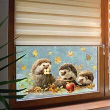 1pc Golden Autumn Window Cling - Shiny Maple Leaves And Cute Hedgehogs, Static Cling Sticker For Glass And Tile Surfaces; Autumn Storefront Display Sticker - Elegant Golden Leaves And Forest Animals, Removable Sticker For Shop Windows And Cafe Windows, Self-Adhesive Decor - Multicolor - View 4