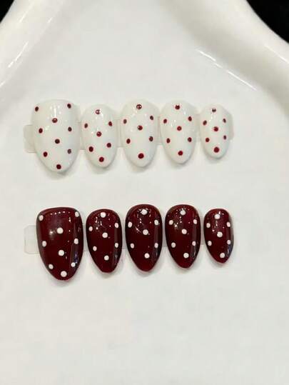 10PCS Almond Handmade Press On Nails For Party And Daily Wear ,White And Brown Color Nails,Cute Wave Point,Easy To Wear10pcs Y2K Handmade Press On Nails,Suitable For Spring And Summer.Suitable For Girls And Women Festivals Parties And Daily Wear