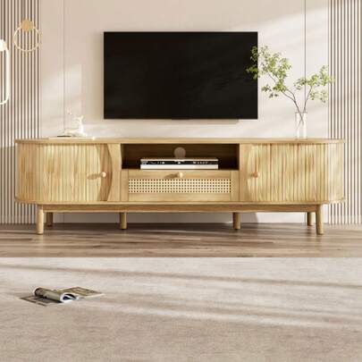 TV Unit With Doors And Drawers. Rattan TV Unit, Solid Wood Doors, Country-Style Storage Solution – Low Front.