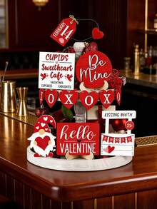 Valentine's Day Tiered Tray Decor Set, Rustic Farmhouse Style Gnome Truck Sign, Valentine's Day Wooden Table Decor, Farmhouse Coffee Themed Sign, Heart Decorations, Perfect For Valentine's Day Parties And Home Kitchen, Ideal Holiday Gift Choice(Tray Not Included) - Multicolor - View 7