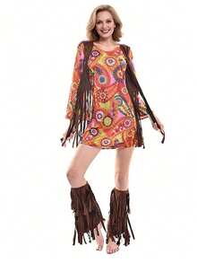 Bộ 4 món - Váy nữ phong cách hippie thêu tua rua, chân váy dài màu nâu kiểu bohemian và tất giữ ấm chân có tua rua, trang phục dự lễ hội âm nhạc. - Nhiều màu - Xem 10