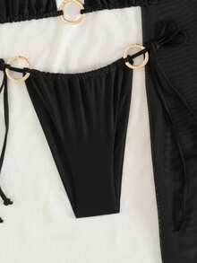 Women's 3-Piece Solid Color Bikini Set - Triangle Top, Tie-Side Bottoms & Ruched Long Cover-Up Skirt With Metal Accents, Sexy Summer Beachwear Vacation Black - Black - View 8