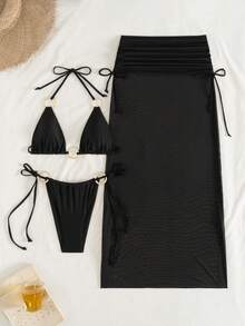Women's 3-Piece Solid Color Bikini Set - Triangle Top, Tie-Side Bottoms & Ruched Long Cover-Up Skirt With Metal Accents, Sexy Summer Beachwear Vacation Black - Black - View 5