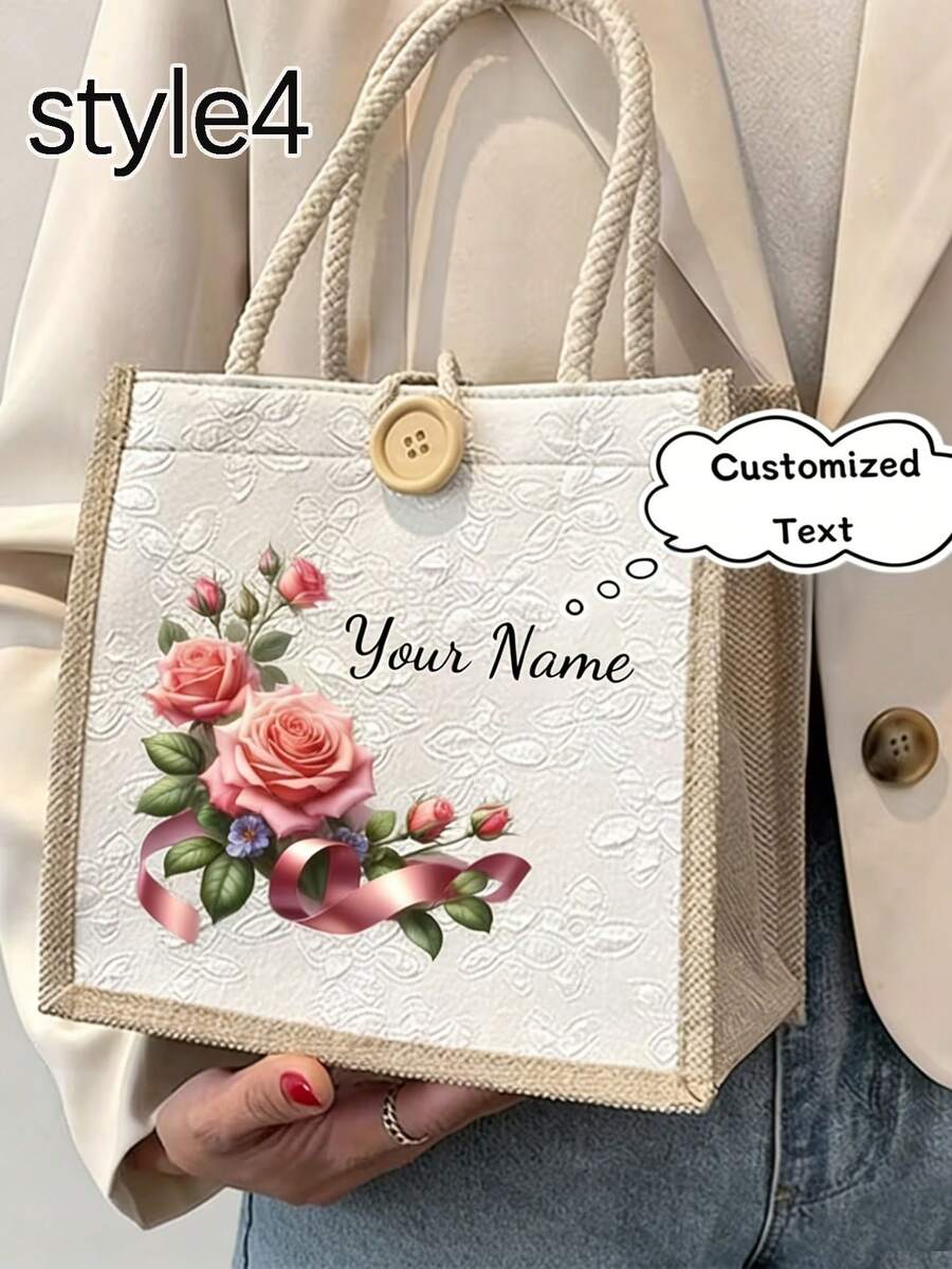 Linen Floral Tote Bag, Customizable Name Logo Tote Bag, Minimalist Large Capacity Tote Bag, Portable Casual Storage Tote Bag, Multifunctional Shopping Bag, Personalized Gift Bag, Suitable For Weddings, Birthdays, Beaches, Holidays And Other Occasions, Perfect Gift For Women, Teachers, Friends, Bridesmaids, Students And Back To School Season, Also The Best Gift For Teachers On Teacher's Day - Multicolor - View 1