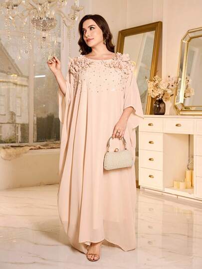Plus Size Abaya With Asymmetrical 3D Rose And Pearl Beaded Details Round Neck Long Batwing Sleeve Woven Fabric