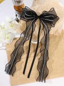 1件优雅百搭黑色珍珠链条网状蝴蝶结发夹，爪夹，发卡，发夹，头饰，女士发饰，发卡 - 黑色 - 查看 5