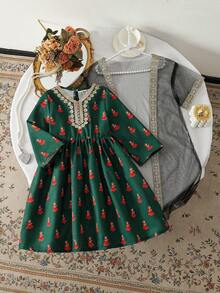 Young Girl' Fashionable Casual Cute Middle Eastern Style Green Printed Dress + Lace Mesh Shawl Jacket - Green - View 1