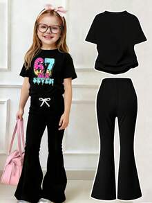 少女数字印花短袖T恤和喇叭裤休闲套装 - 黑色 - 查看 2