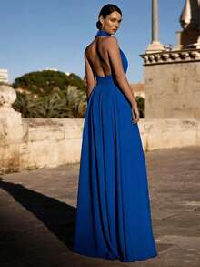 Solid Color Knit Backless Jumpsuit For Wedding, Holiday, Party - Blue - View 1