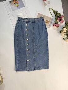 Women Casual Midi Denim Skirt With Button Front Detail Straight Non-Stretch Design - Blue - View 6
