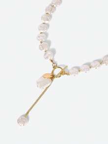 Opalesca 1pc Women's Simple Single-Layer Baroque Imitated Flat Pearl Necklace Pendant, Tassel Sweater Chain, Multi-Layer Necklace - Multicolor - View 3