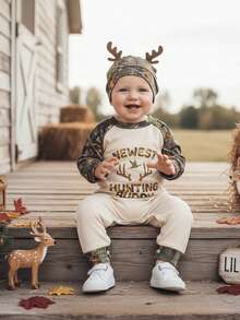 Conjunto para bebé niño, nuevo mono de manga larga con estampado de hojas y ramas, ropa de primavera para recién nacido, sombrero - Verde militar - Ver 1