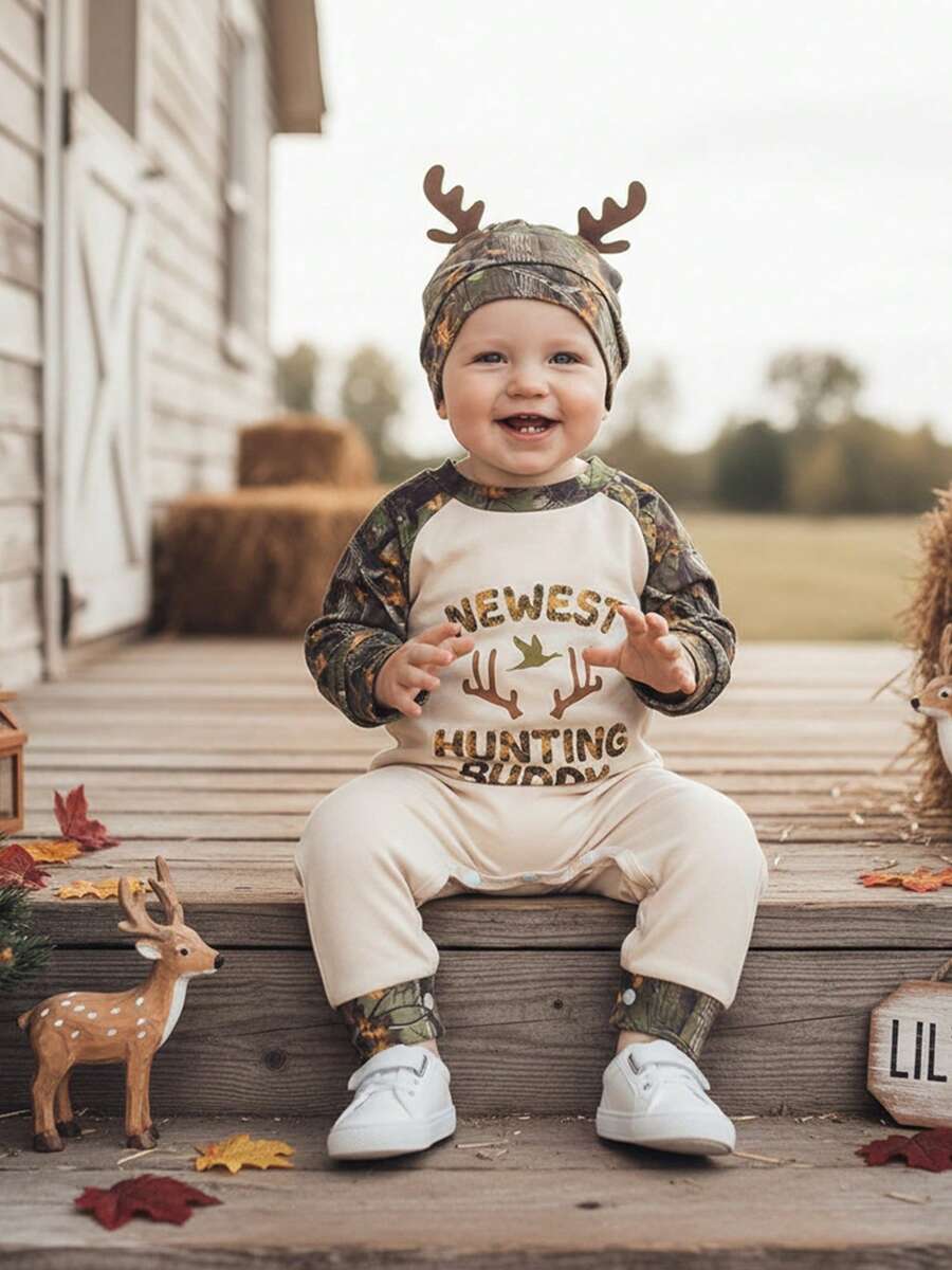 Conjunto para bebé niño, nuevo mono de manga larga con estampado de hojas y ramas, ropa de primavera para recién nacido, sombrero - Verde militar - Ver 1