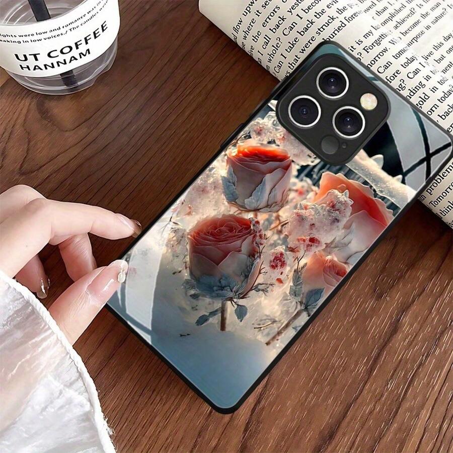 Una funda de vidrio para teléfono con un patrón de ramo de rosas escarchadas, adecuada para los modelos de 16 15 14 13 12 11 Pro Max 16E 16 15 14 12 11Pro 14 Plus 11 X XS XR Xsmax 12 Mini SE3 SE2 8 Plus 7, duradera y a prueba de golpes, perfecta para regalos de San Valentín, regalos de cumpleaños y regalos de apertura de escuela. - Colores mixtos - Ver 1