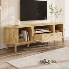 TV Cabinet With Doors And Drawers. Rattan TV Cabinet, Solid Wood Doors, Country-Style Storage Solution – Low Front Panel. - Natural - 查看 5