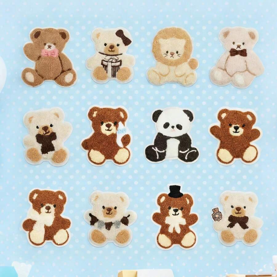 12pcs Plush Teddy Bear Patches, Cute Small Bear Embroidered Iron-On Appliques For Clothes, Hats, Bags, Shirts DIY Decoration - Multicolor - View 1
