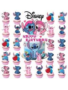 25pcs Pink Cosmic Baby Stickers, Suitable For Photo Ops, Birthday Cake Decor, Party Decorations, Stitch Cake Flags, Includes Decorative Props And Supplies - Multicolor - View 4