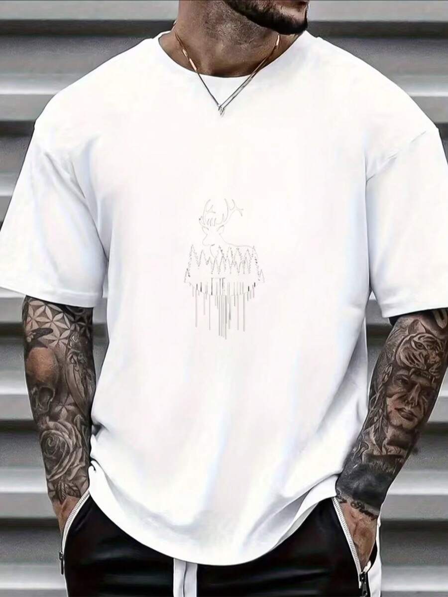 Esencial de Camiseta de algodón con patrón de alce sencillo en blanco - Blanco - Ver 1