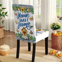 1/4/5/6/7/36pcs Spring & Summer Series Faux Distressed White Wood Grain Board, Paired With Blue & White Plaid Trim, Sunflower, Butterfly & Bird House Print Chair Cover/Seat Cushion Set, Suitable For Indoor Home, Dining Room, Hotel, Ideal For Modern Daily Decor. Tablecloth Fits Square Dining Table, Elastic Chair Cover Is Washable. - Multicolor - View 5