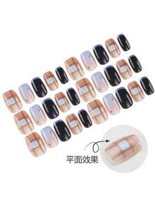 30pcs Short Square/Colorblock Plaid Polka Dot French Tip Nail Stickers, Enhance Your Elegance, Includes Gel Glue & Applicator Strips, Reusable For DIY Manicure, Daily Essential Nails Nail Supplies - Multicolor - View 3