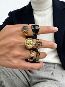 6件套复古朋克风合金骷髅头压花装饰叠戴戒指，适合男士派对和街头服饰