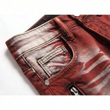 Jeans Elásticos para Hombres Estilo Motociclista - Decoración con Cremallera, Teñido, Slim Fit, Lavado Vintage y Desgastado, Prenda Casual Trendy de Calidad Superior - Burdeos - Ver 8