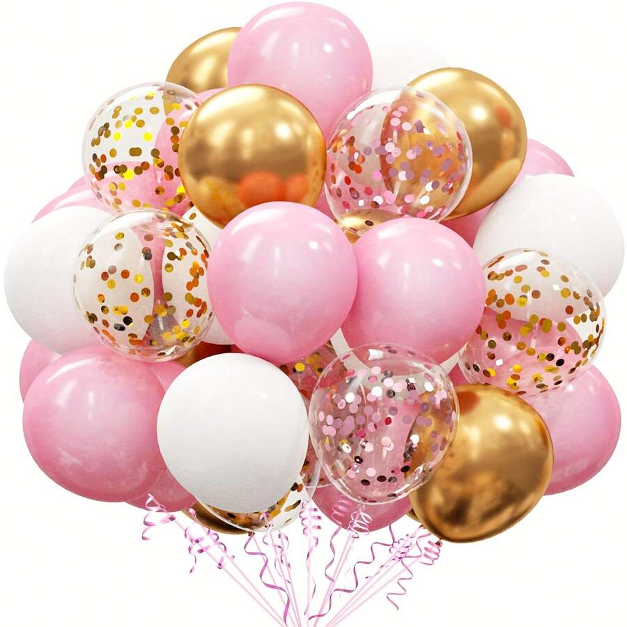 50pcs Pink And Gold Balloons -10 Inch Pink And White Metal Gold Balloons With Confetti Balloons, Suitable For Babyshowers, Weddings, Birthday Party Decorations, Pink Baby Showers, Valentine's Day, Anniversaries, And Women's Singles Parties. - Pink - View 1