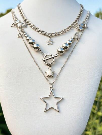 3件套星形多层项链，时尚金属颈链，青少年配饰