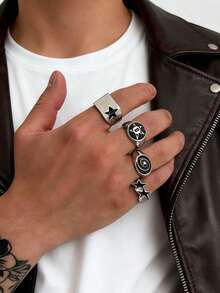 4pcs Vintage Silver Geometric Symbol Rings, Unisex Personalized Street Style Rings Suitable For Daily Wear - Silver - View 4