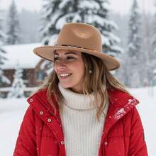 Women Men Fedora Hat  Decorative Leather Belted Wool Hat Felt Jazz Hat For Photography - Camel - View 2