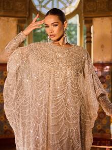 Faeriesty 阿巴雅奢华珠饰亮片正式礼服 - 宽松长袖连衣裙，饰有波浪形珠饰边 - 完美适用于婚礼、盛大晚宴、红毯和春季正式庆典派对 - 香檳色 - 查看 6