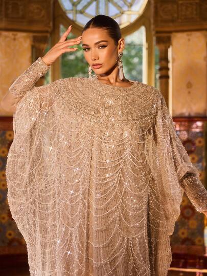 Faeriesty Abaya Luxury Beaded Sequin Formal Dress - Loose Long Sleeve Dress With Wavy Beaded Trim - Perfect For Weddings, Galas, Red Carpets And Formal Celebrations