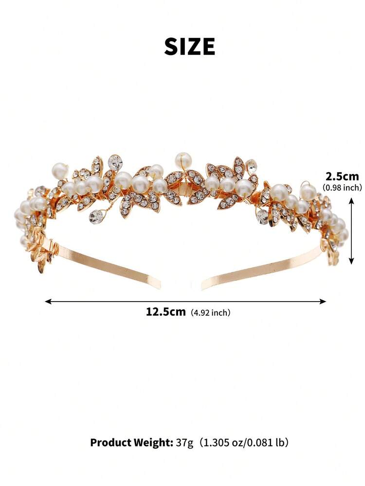 1pc Gold Crystal Leaf & Faux Pearl Decor Headband, Bohemian Style Bridal Wedding Headpiece - Gold - View 7