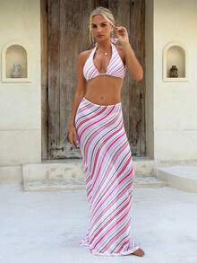 女士三件套彩色条纹比基尼套装 - 三角比基尼上衣、高腰高衩比基尼泳裤和长款薄纱罩裙，性感夏季沙滩装 - 彩色 - 查看 9