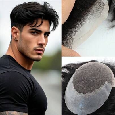 Toupee Thin Skin Pu Men Replacement System Men Toupee Medium Light To Medium Density 6x8inch 1B Black Colored For Boy Daily Use Wig Toupee Male Can Restyle Toupee For Party Use Natural Looking Toupee 100% Human Hair