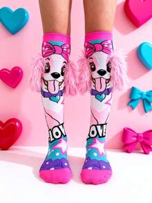 一双过膝袜——色彩缤纷的儿童装扮袜，趣味十足的疯狂袜子日礼物，女孩时尚过膝袜，卡通小狗设计，适合日常穿着和派对穿着 - 淺粉色 - 查看 3