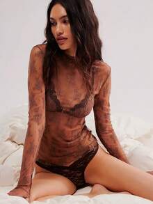 Wild Summer Black Mesh Sheer Lace Country Western Music Festival Women's Tops Western Women's Concert Women's Hippie Western Women's Rave - 棕色 - 查看 1