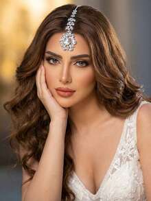 闪亮水钻头链婚礼波西米亚阿拉伯水钻额链头饰发箍简约宴会情人节配饰 - 銀色 - 查看 2