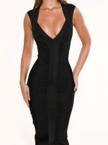 Black Sleeveless Midi Bodycon Dress, Elegant Sexy Ribbed Cocktail Party Dress, Fashion Spring/Summer Wedding - Black - View 2