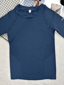 1件装 女士健身速干长袖T恤 圆领修身运动服 舒适透气瑜伽衫 - 藏蓝色 - 查看 5