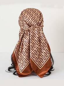 1pc Letter Print Faux Silk Scarf, Women Square Scarf 90cm, Fashion Shawl Headscarf For Street, Beach, Daily Wear, Can Be Used As Headband, Hair Tie - Brown 1 - View 4