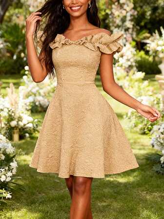 Women Beige Jacquard Ruffled Off Shoulder A Line Chic Dress Wedding Guest Cocktail Party